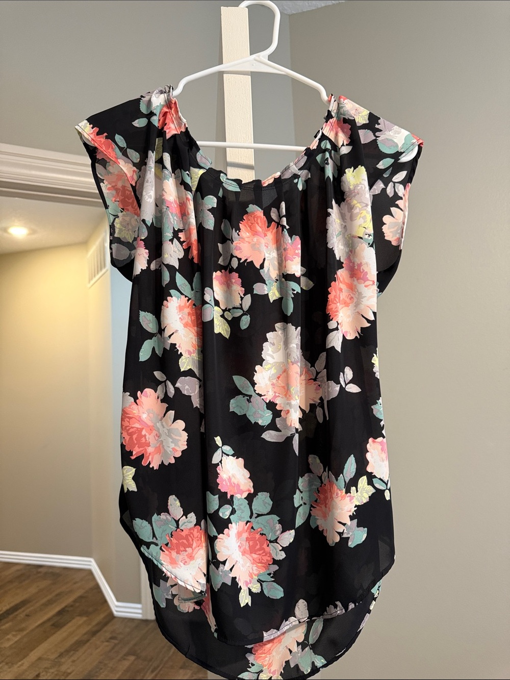 LC Lauren Conrad Black Floral Tunic with Pink & Green Blooms